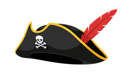 Black tricorn hat with skull and crossbones and red feather