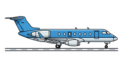 Blue and white private jet parked on a paved runway