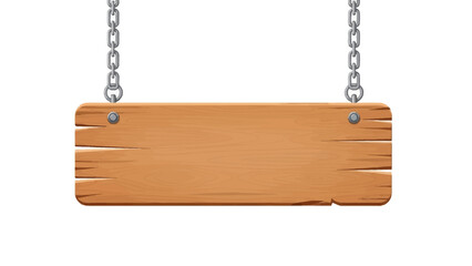 Blank wooden sign hanging from two metal chains against a white background