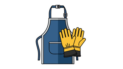 Blue apron and yellow protective gloves graphic on white background