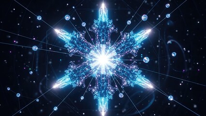 Glowing Digital Snowflake Pattern with Futuristic Data Connections