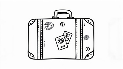 Outline of a suitcase adorned with travel stickers, passports, and currency symbols