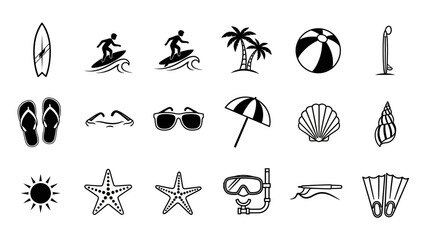 Summer beach icons collection surfing palm trees sunglasses vector graphics