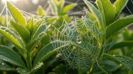 Sparkling Spider Web Adorned with Morning Dewdrops and a Small Spider on Fresh Green Leaves