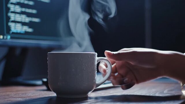 Close-up of a hand reaching for a steaming cup of coffee on a desk with a computer screen in the background, late night work.