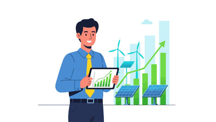 Businessman presenting tablet showing growth chart with wind turbines and solar panels
