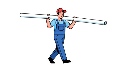 Cartoon construction worker carrying long white pipe over his shoulder