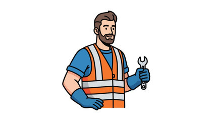 Cartoon construction worker wearing an orange safety vest holding a wrench