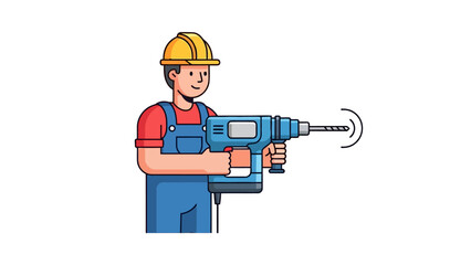 Cartoon construction worker in yellow hard hat holding a blue power drill