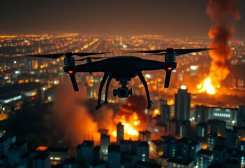 Obraz premium Drone strike targets a city at night, fiery explosion and smoke plumes, attack, technology