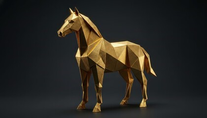 Powerful Golden 3D Origami Horse Rearing Up. Majestic Papercraft Symbol of Success for 2026
