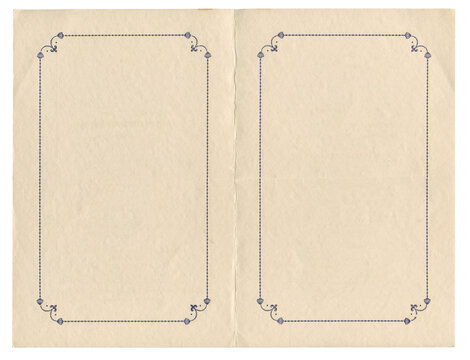 Vintage 1920s Blank Program Interior Mockup w/ Ornamental Floral Border &ndash; Authentic Aged Paper Ephemera, Isolated Old Booklet Antique Stationery Flat Lay Template