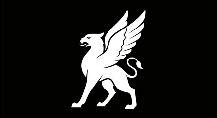 Majestic White Griffin Illustration on Black Background.