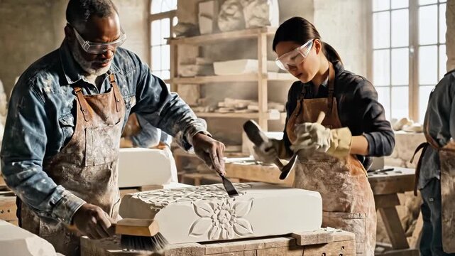 Artisans, wearing aprons and safety glasses, carve stone with tools in a sunlit workshop