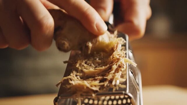 Close-up of hands grating fresh ginger root on a metal grater for cooking and seasoning.