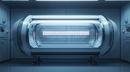Futuristic organoid chamber in laboratory with advanced technology and sterile environment, glowing blue light, innovation, science