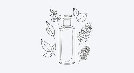 Line art of cosmetic bottle with natural leaves and herbs, beauty product packaging concept