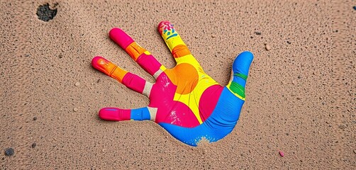 Vibrant, multicolored handprint on textured surface, child, fun