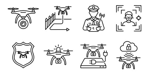 Police drone technology and aerial surveillance line icons set