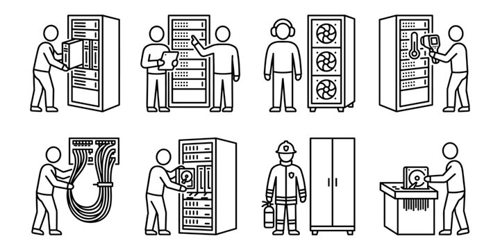 Data center maintenance and server room infrastructure line icons set
