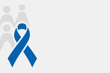 A blue awareness ribbon with faint grey silhouettes of people in the background on a light grey and white background, symbolizing support for a cause.