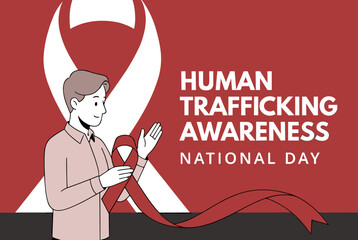 A man holding a red ribbon for Human Trafficking Awareness National Day, with a large white ribbon in the background.