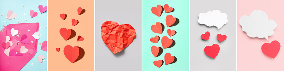 Collage of many paper hearts with envelope on color background