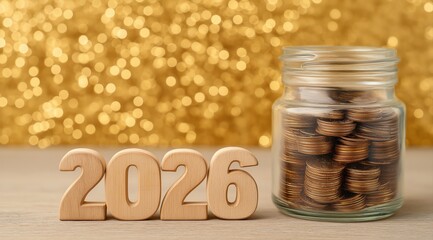 Wooden 2026 next to a glass jar filled with stacked coins, representing future financial savings and investment plans