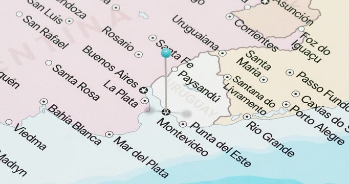 A zoom out of a light blue pin into Montevideo city of Uruguay political map