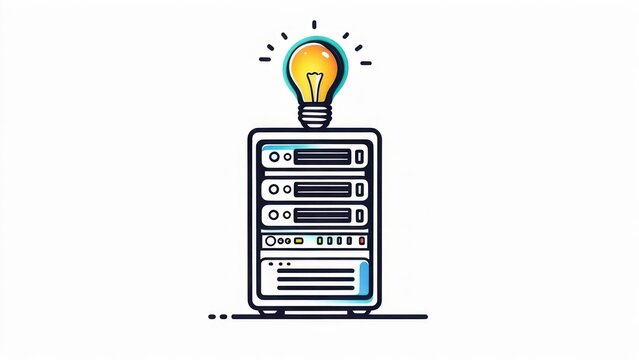 Server rack illustration, topped with a glowing lightbulb, suggesting digital innovation