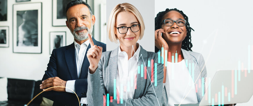 Three confident business professionals are gathered in a contemporary office setting. They showcase teamwork and achievement while discussing financial growth with digital charts in the background. - Powered by Adobe