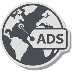 Naklejka premium Global Advertising Tag Icon Representing Worldwide Marketing Campaigns And Promotions With An Earth Globe Illustration And Text Ads On A Label