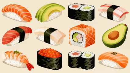 This vibrant illustration displays a variety of Japanese sushi (including nigiri, maki rolls, and tobiko-topped pieces) arranged neatly, featuring fresh ingredients like salmon, avocado © Canis