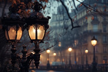 A close-up shot of a vintage street lamp with ornate details, lit up against a backdrop of blurry lights and a building in the distance.