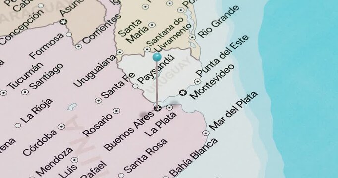 A zoom out of a light blue pin into Buenos Aires city of Argentina political map