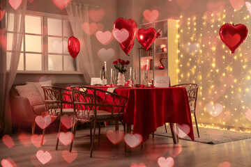 Interior of living room with served table for Valentine's Day celebration in evening