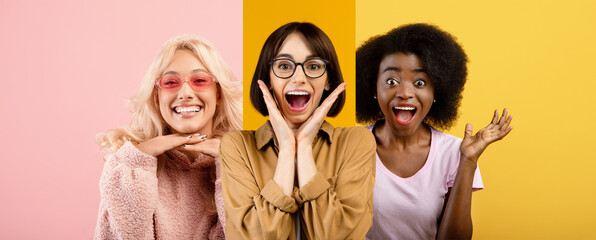 Three women are happily posing together with excited expressions, showing off trendy outfits in a fun shopping atmosphere. Their joyful attitudes reflect the thrill of finding great deals.