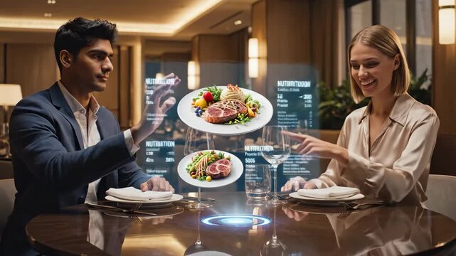 Couple experiencing futuristic holographic menu in a modern restaurant.