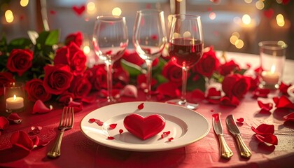Elegant table setting with roses, hearts, and petals for a romantic dinner for two for Valentine's Day