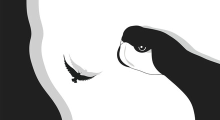 Minimalist Orca and Bird Illustration in Black and White.