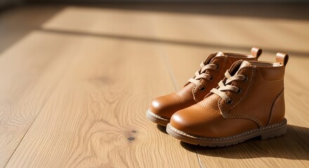 Comfortable brown toddler boots resting on a warm wooden floor in natural sunlight for first steps concept and growing family