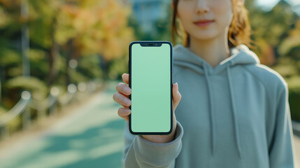 女性アスリートがスマホ画面を提示するアウトドアシーン