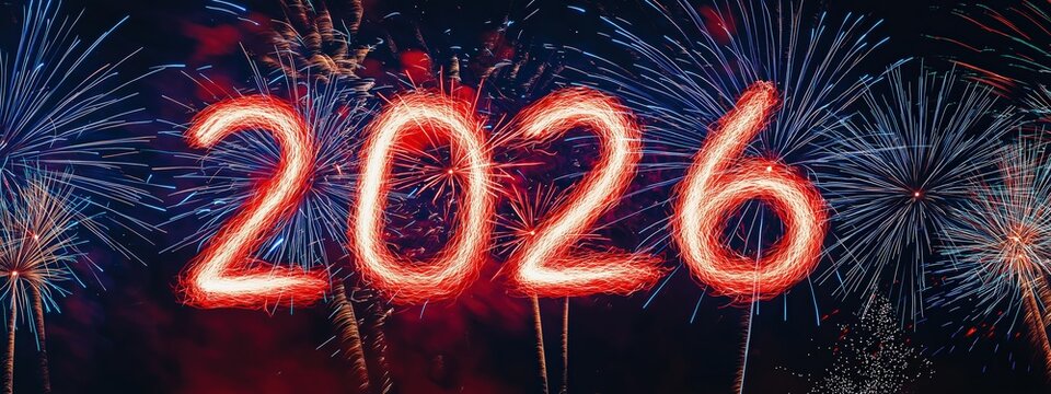 Text 2026 formed by red sparklers glowing brightly, celebrating New Year's Eve on a dark night with blue fireworks - Powered by Adobe