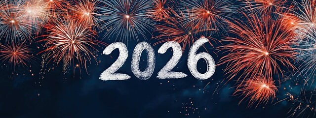 Fireworks illuminating the night sky with 2026 text, symbolizing a new year celebration and festive greeting with copy space