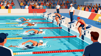 This illustration depicts a competitive swimming race in an indoor stadium pool, with athletes stroking through lane-divided water, spectators cheering in the stands, officials overseeing the event