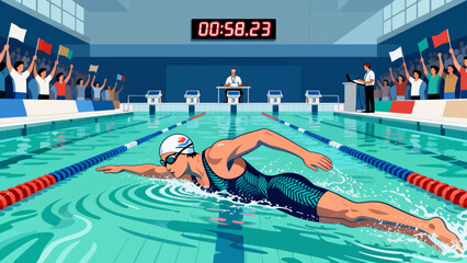 This illustration depicts a competitive swimming race in an indoor stadium pool, with athletes stroking through lane-divided water, spectators cheering in the stands, officials overseeing the event