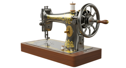 Antique ornate sewing machine with decorative gold accents on a wooden base against black background