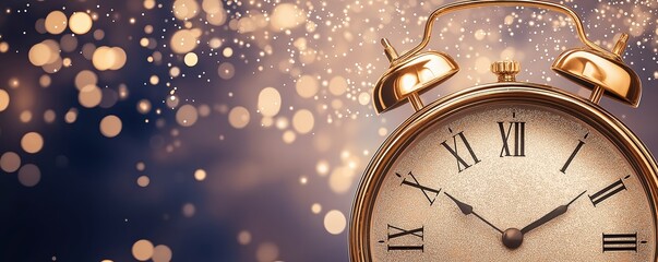 Golden alarm clock showing nearly midnight, symbolizing New Year's Eve celebration or a special event countdown with copy space