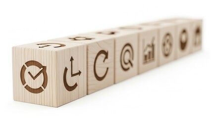 Workflow segmentation wooden cubes placed precisely with shallow depth and pure softly blurred white surroundings