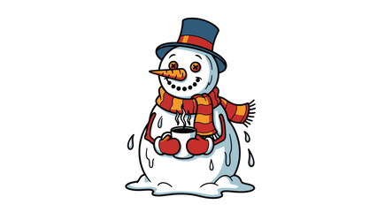 Cute Melting Snowman Wearing Hat Scarf and Mittens Holding Hot Drink Mug - Winter Thaw Illustration